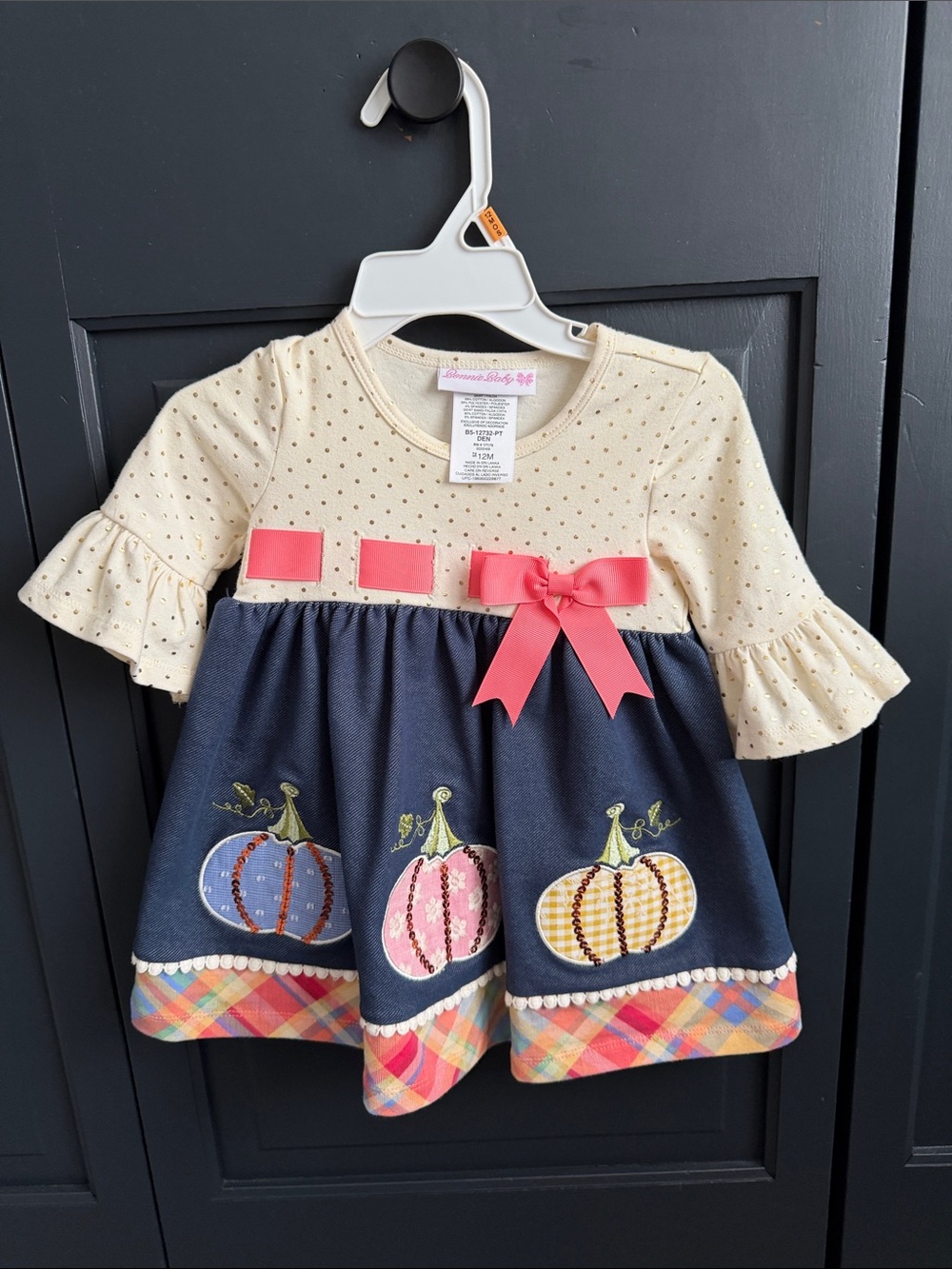 Bonnie Baby Cream Fall Dress with Pink Bow and Multicolor Pumpkins